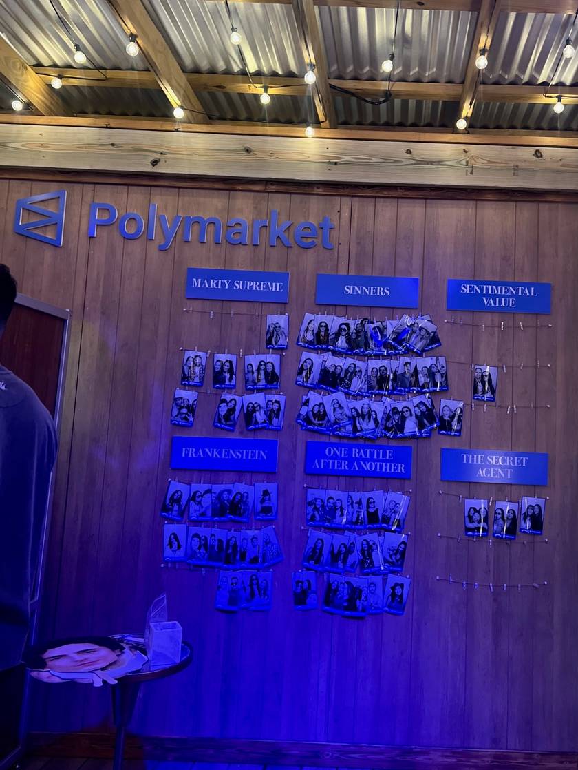 Polymarket activation at Unwell, which featured photobooth images hung via clothesline clips used to vote for who attendees thought would win Best Picture at the Oscars.